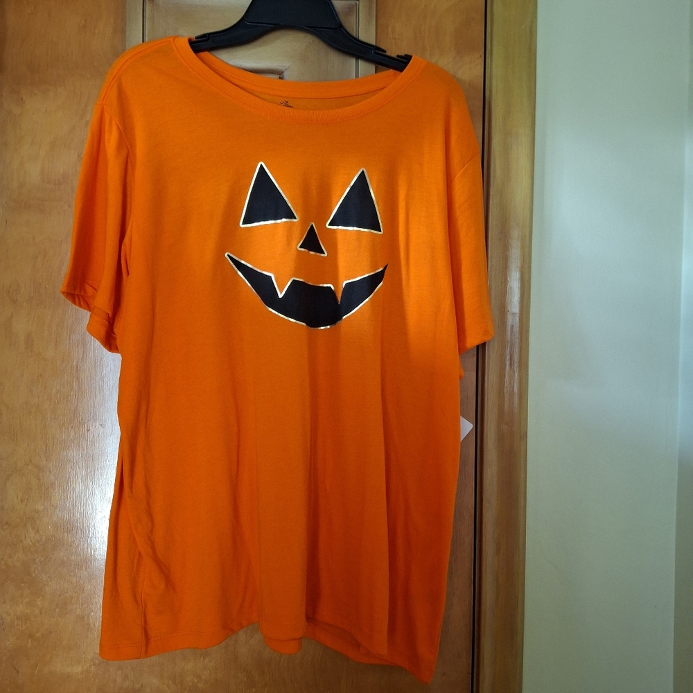 Womens Orange Pumpkin Face Halloween T-Shirt Sixe 3XL